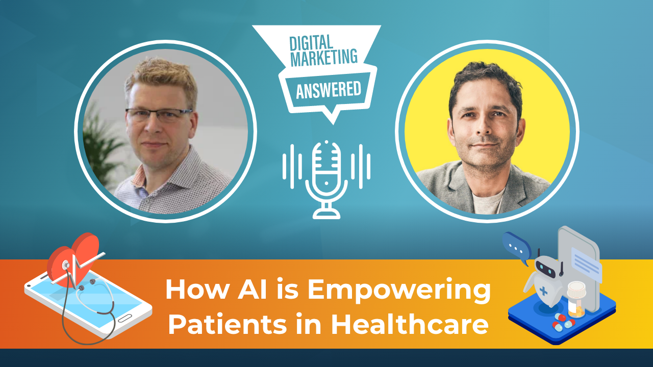 Banner image for a featured podcast episode titled "How AI is Empowering Patients in Healthcare," showing headshots of two people on either side of a central microphone icon, with a blue background 