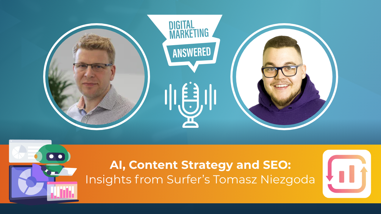 Banner image for a featured podcast episode titled "AI, Content Strategy and SEO: Insights from Surfer's Tomasz Niezgoda," showing headshots of two people on either side of a central microphone icon, with a blue background