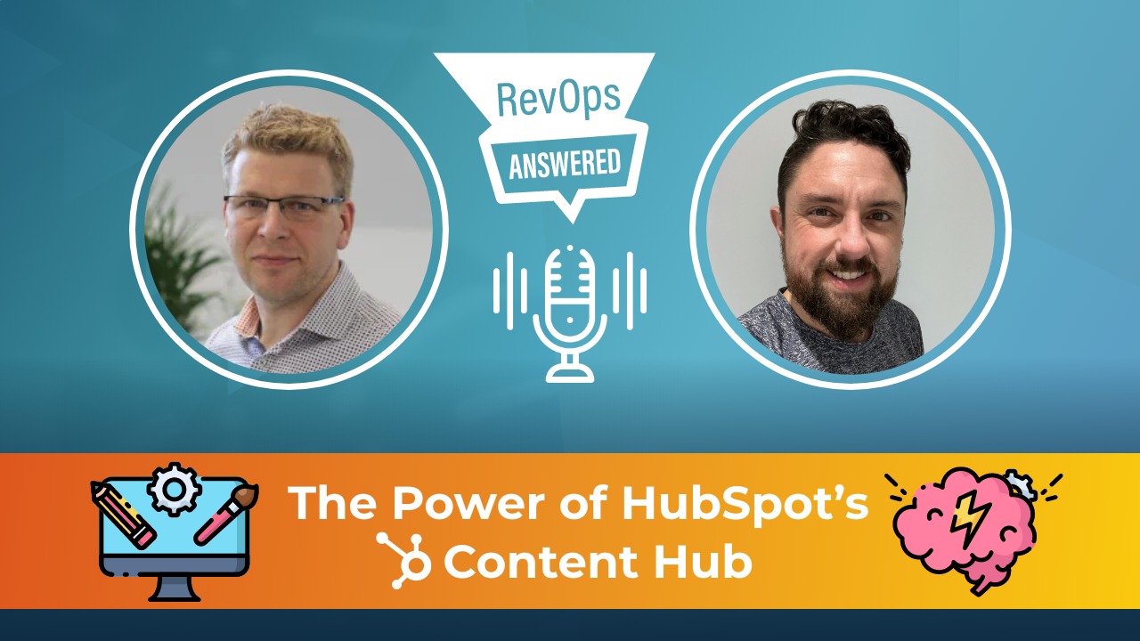 Banner image for a featured podcast episode titled "The Power of HubSpot's Content Hub," showing headshots of two people on either side of a central microphone icon, with a blue background 
