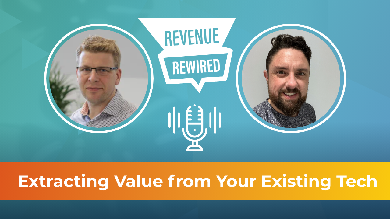 Banner image for a featured podcast episode titled "Why You Need to Audit Your Tech Stack," showing two different headshots of a man on either side of a central microphone icon, with a blue background.