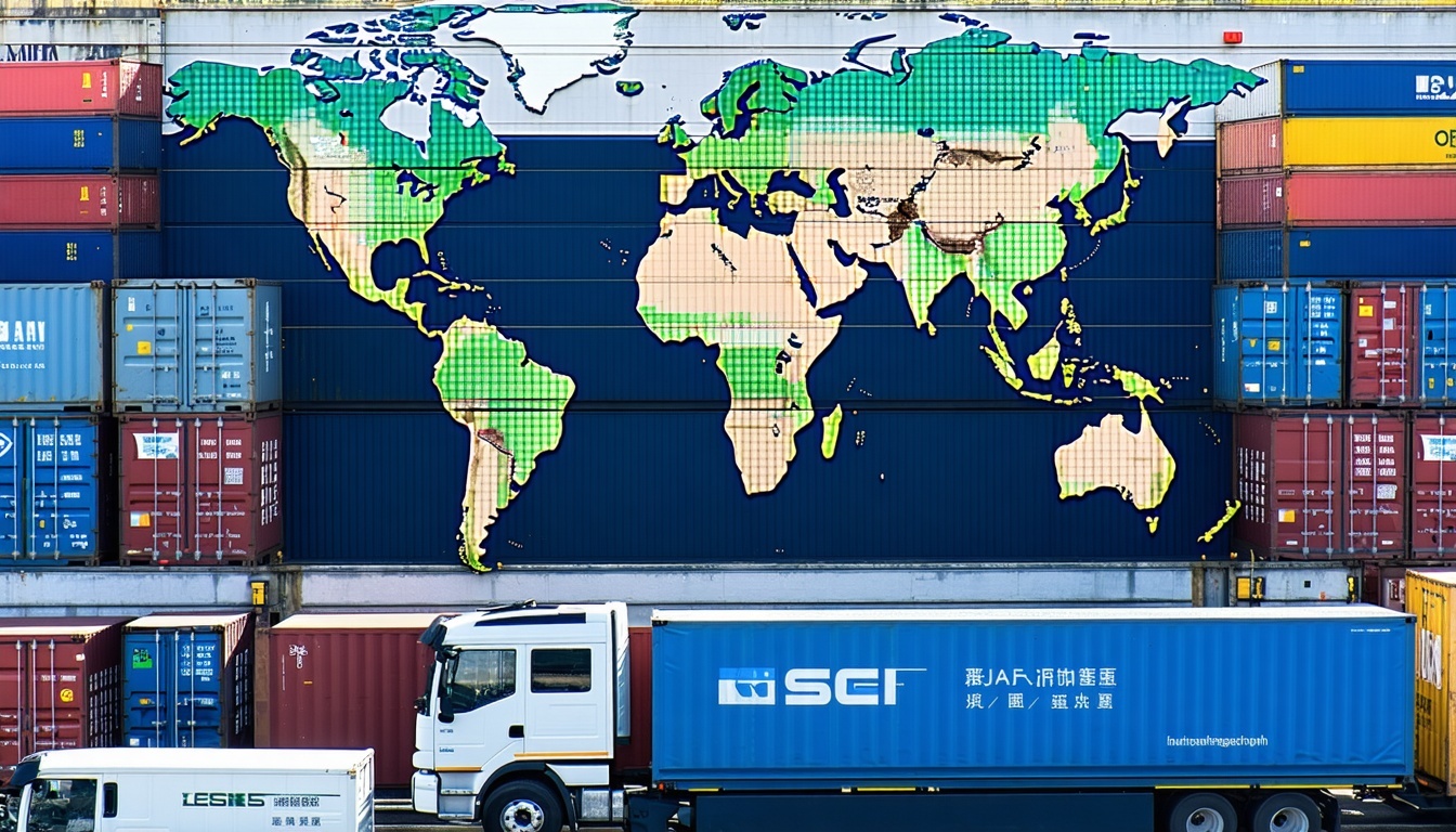 international shipping containers with the map of the world
