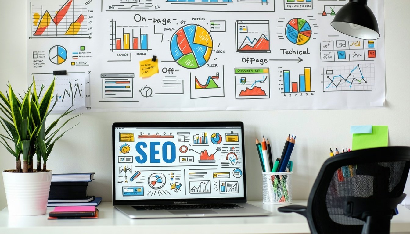 laptop and wall with SEO quotes