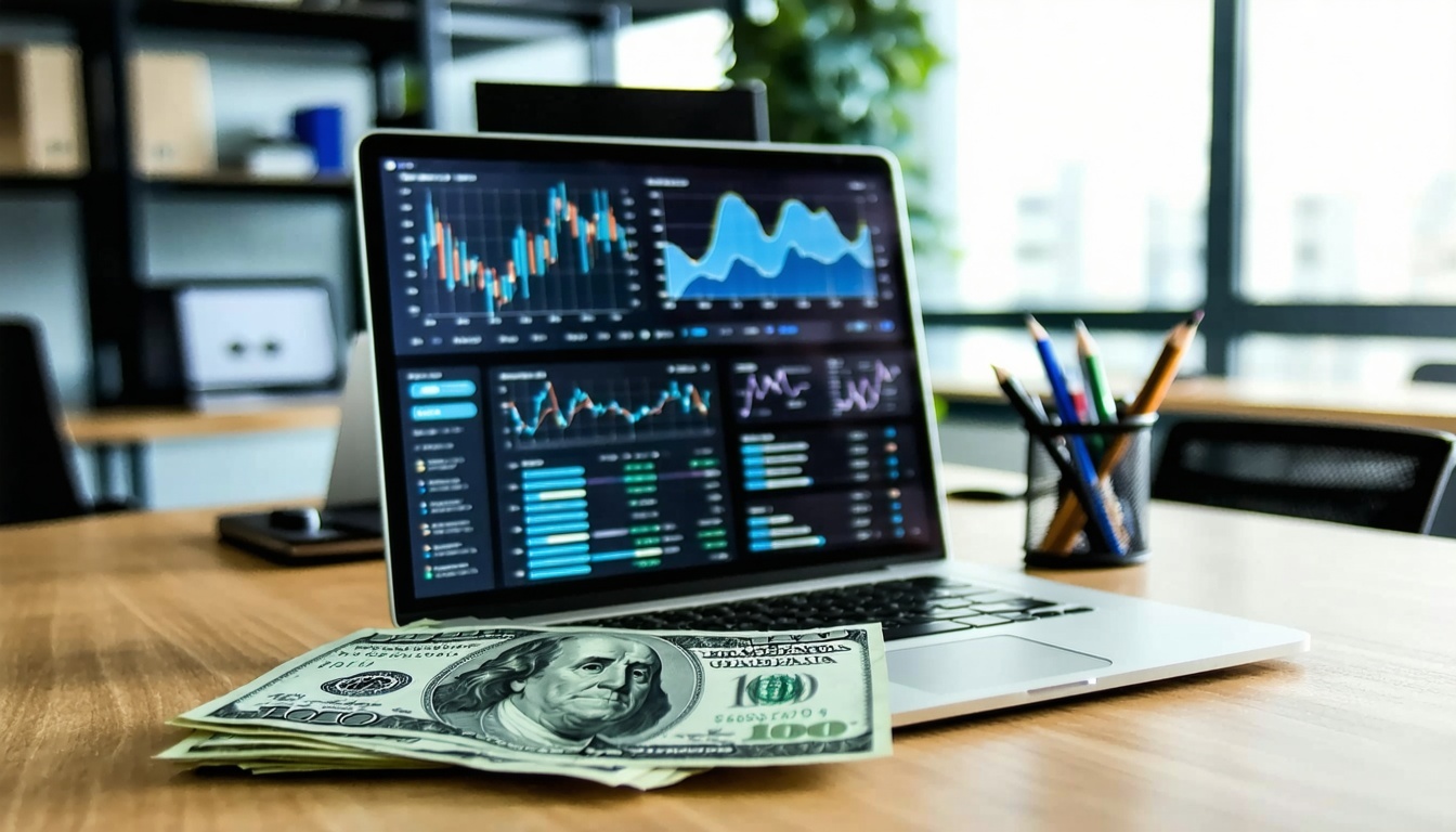 money and a laptop screen in a smart office representing paid ads