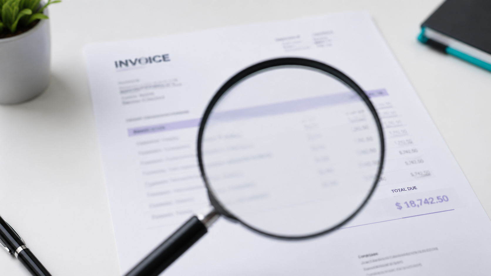 An Image of a magnifying glass looking over an invoice