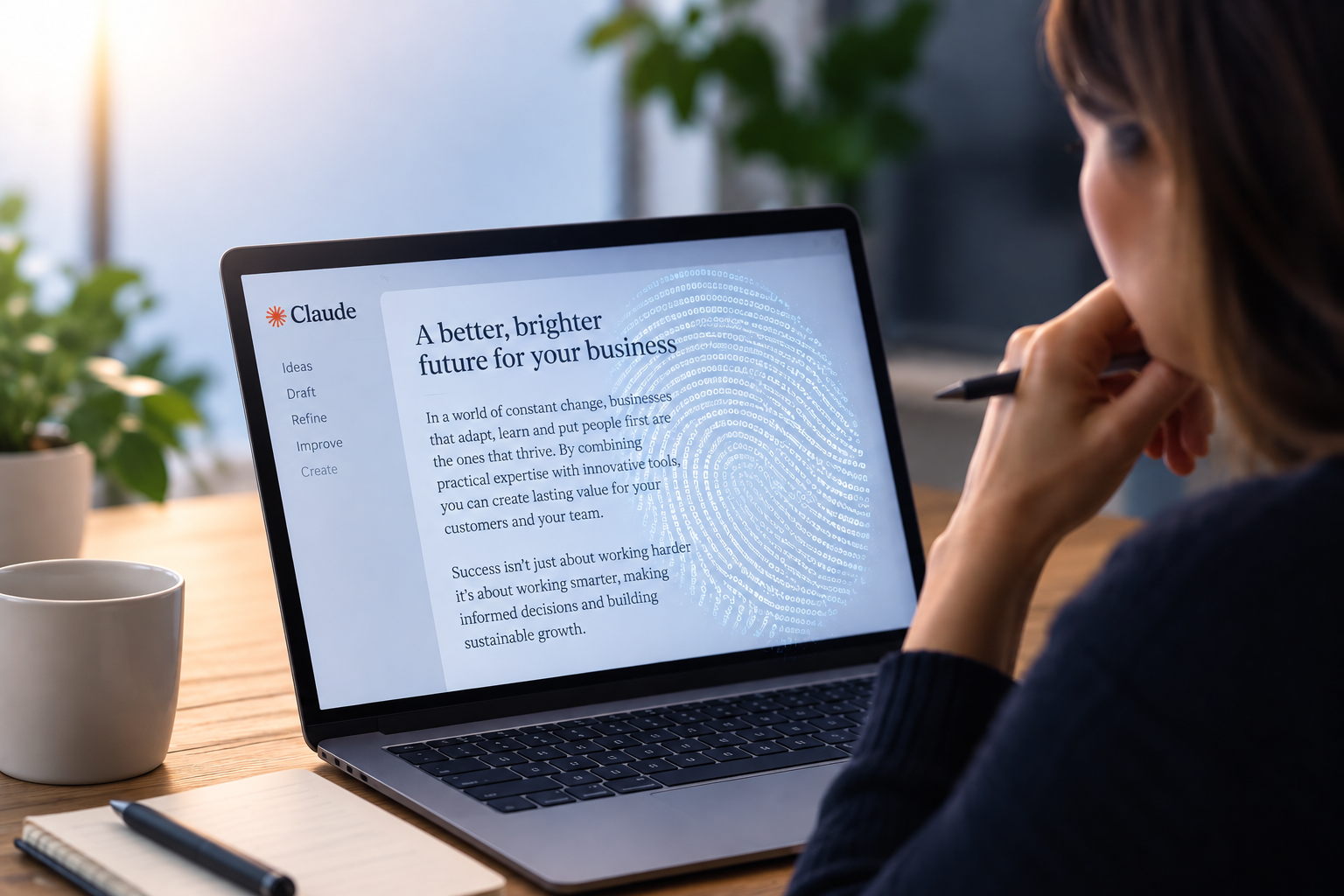 Woman looking on laptop and seeing watermark on text
