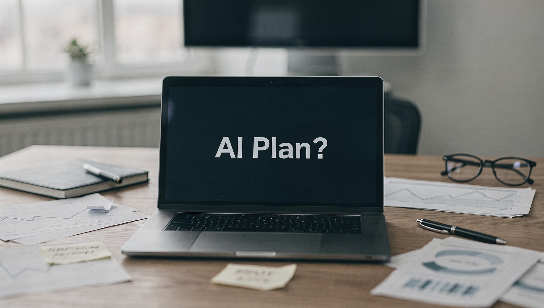 An image of a laptop with the text ' AI Plan? ' on it.
