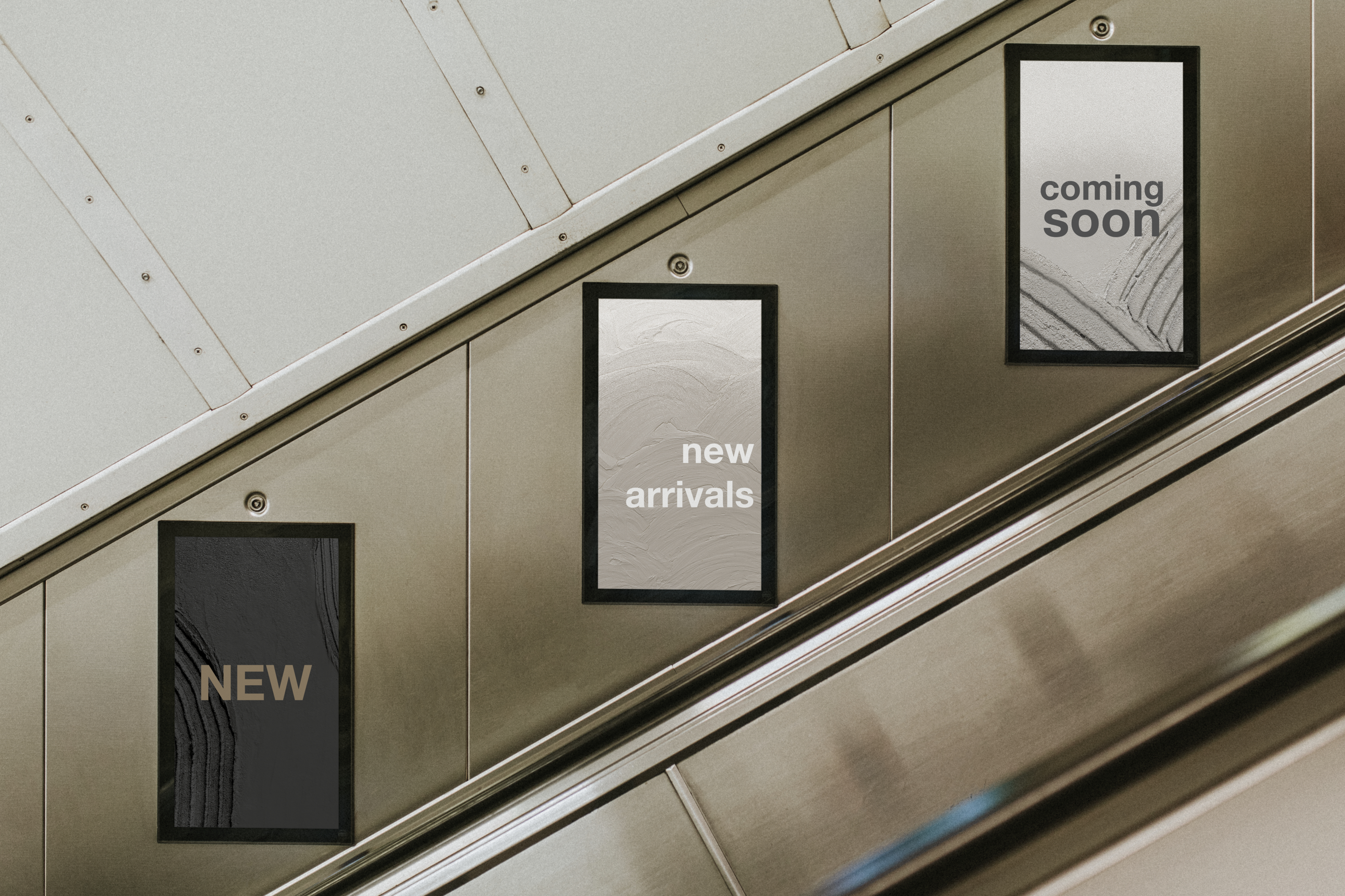 Brown escalator featuring 3 bland adverts 