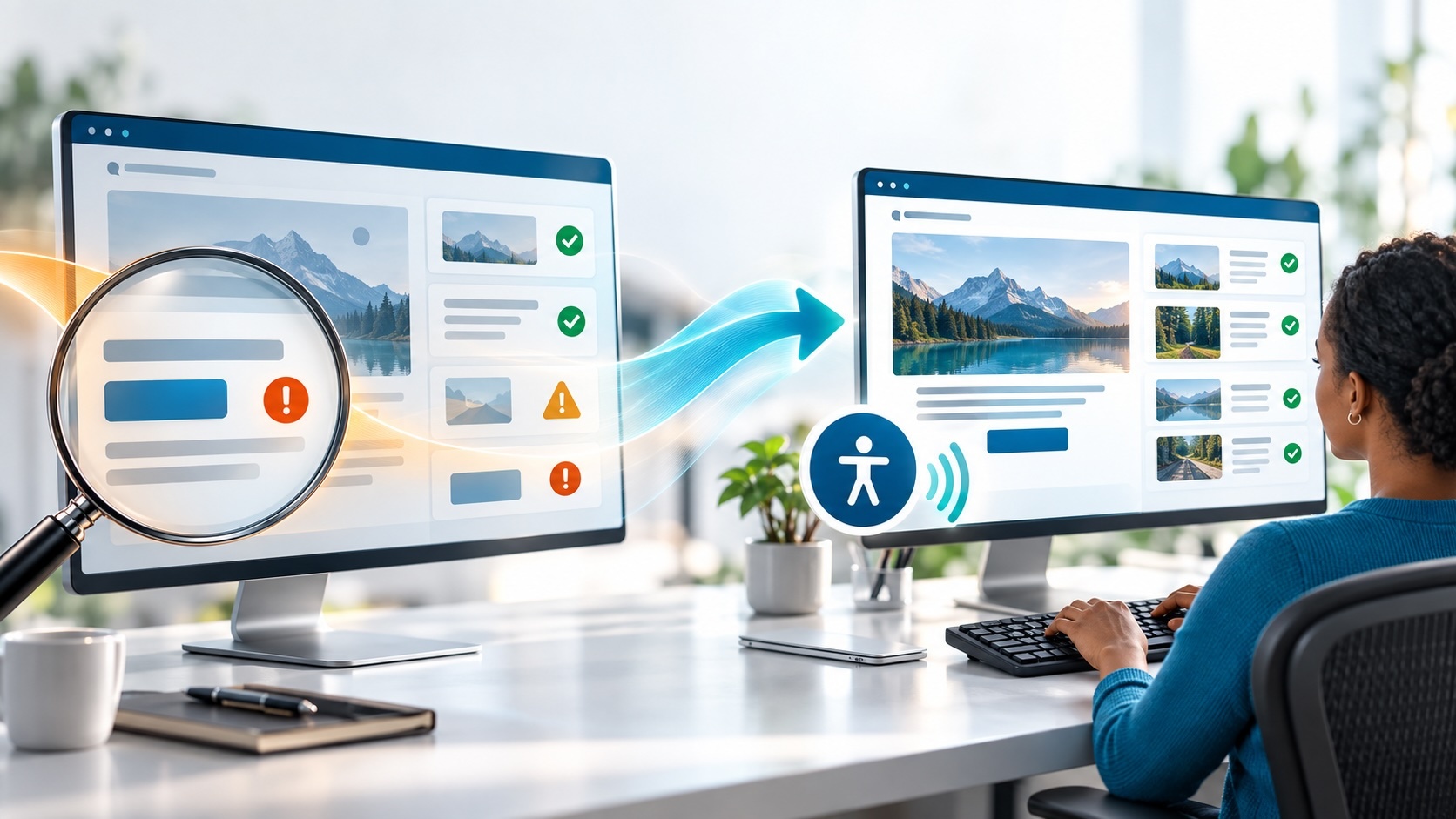 Two computer screens compare website accessibility: one shows flagged issues under a magnifying glass, while a user navigates an accessible version with assistive technology