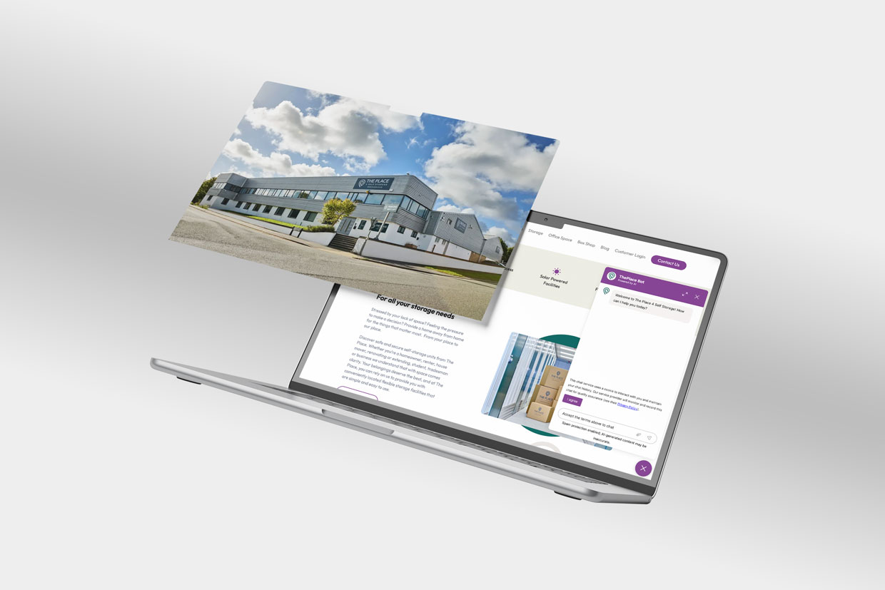 The Place 4 self storage facility and website chatbot on laptop screen
