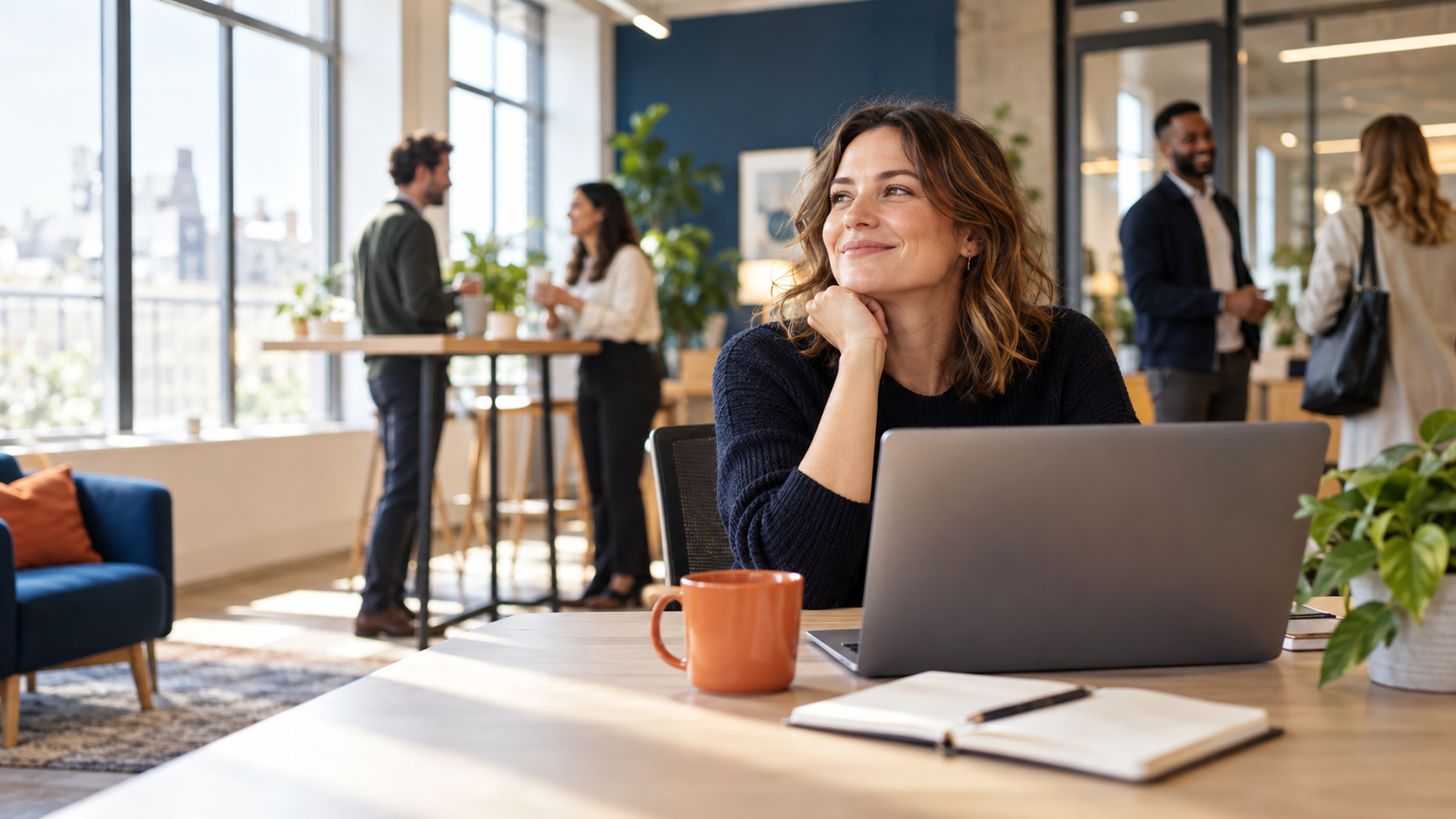 Lady sitting at desk with laptop smiling